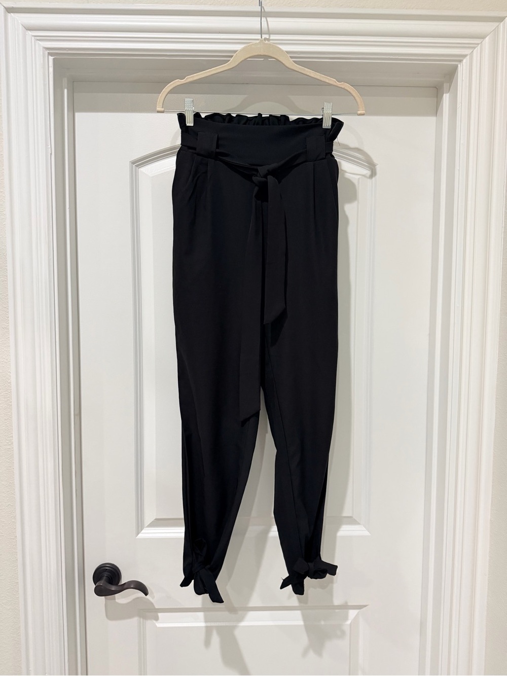 Grace Karin Black Paperbag Waist Tie Joggers